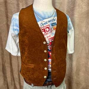 Vintage 70s Vest Brown Faux Suede Satin Blue Sleeveless Western Retro Disco